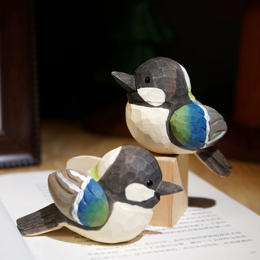Japanese Style Handmade Wooden Gray Blue Tit Bird Figurine, Single Linden Wood Bird Statue, Removable Magnetic Wings, Cute Desk Decor