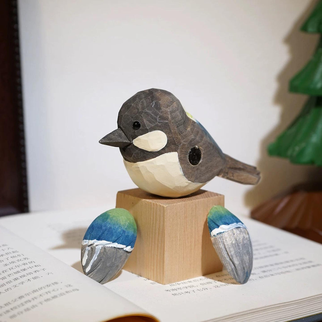 Japanese Style Handmade Wooden Gray Blue Tit Bird Figurine, Single Linden Wood Bird Statue, Removable Magnetic Wings, Cute Desk Decor
