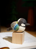 Japanese Style Handmade Wooden Gray Blue Tit Bird Figurine, Single Linden Wood Bird Statue, Removable Magnetic Wings, Cute Desk Decor