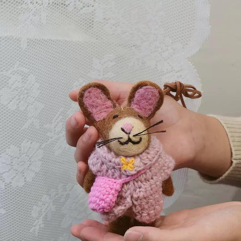 Handmade Wool Felt Bunny Bag Charm, Brown Rabbit Keychain Pendant, Pink Sweater Bunny Hanging Ornament, Cute Gift for Her