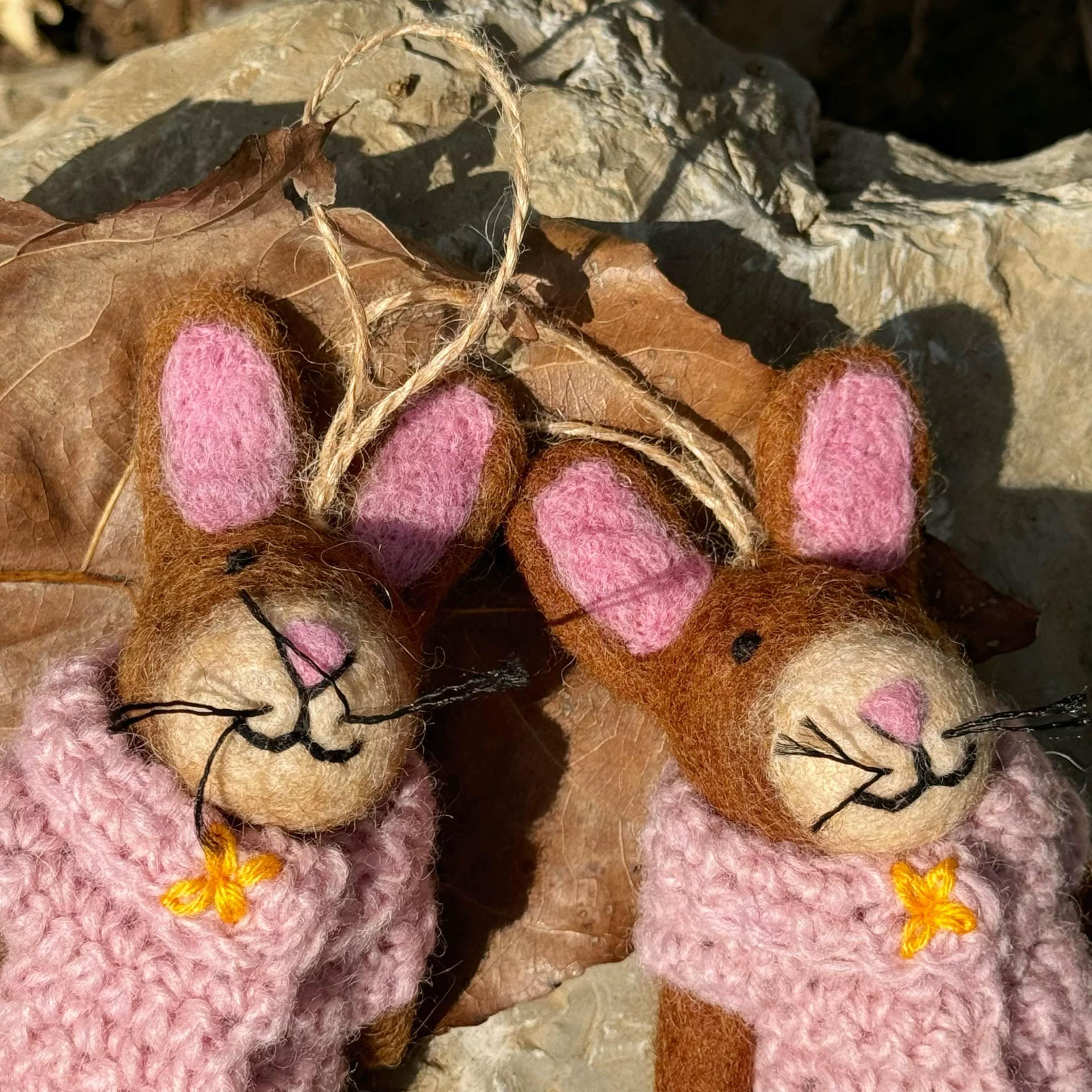 Handmade Wool Felt Bunny Bag Charm, Brown Rabbit Keychain Pendant, Pink Sweater Bunny Hanging Ornament, Cute Gift for Her