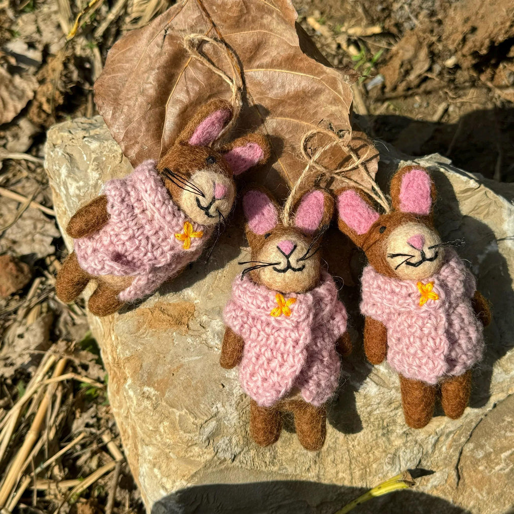 Handmade Wool Felt Bunny Bag Charm, Brown Rabbit Keychain Pendant, Pink Sweater Bunny Hanging Ornament, Cute Gift for Her