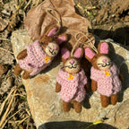 Handmade Wool Felt Bunny Bag Charm, Brown Rabbit Keychain Pendant, Pink Sweater Bunny Hanging Ornament, Cute Gift for Her