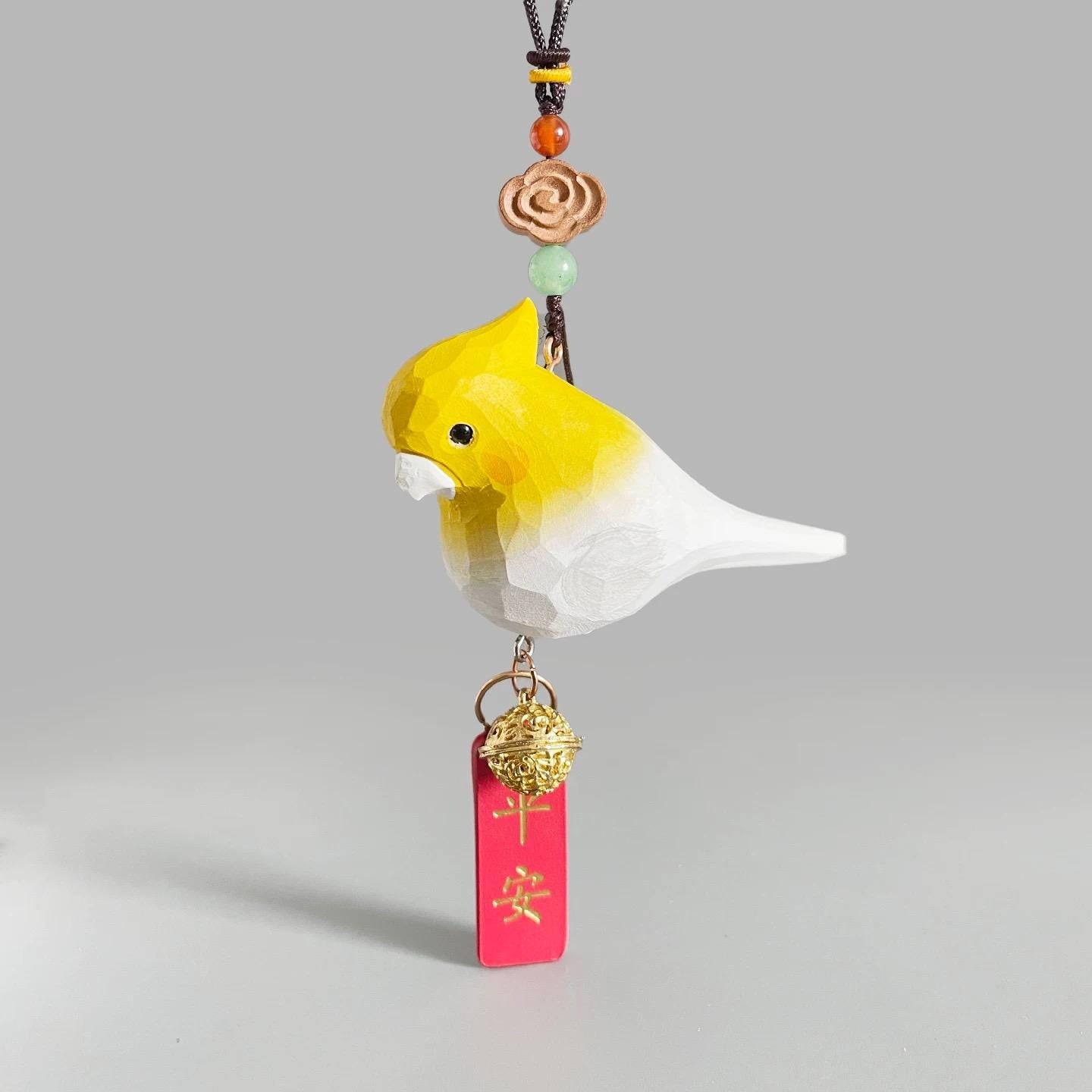 Japanese Style Yellow White Cockatiel Car Hanging Pendant, Hand Carved Linden Wood Bird Ornament, Rearview Mirror Charm, Animal Pendant