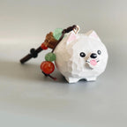 Japanese Style Pomeranian Dog Pendant, Hand Carved Wooden Keychain, Lucky Puppy Bag Charm, Cute Pet Ornament, Small Dog Gift