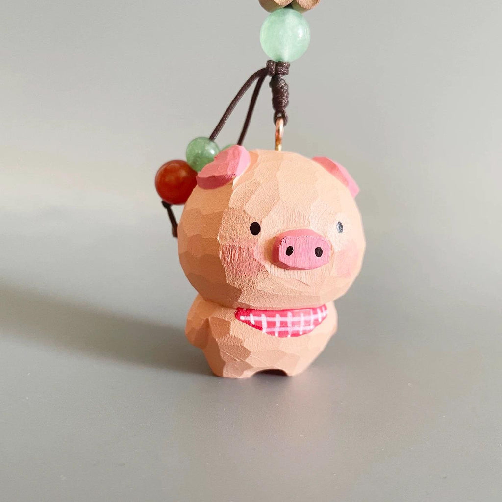 Japanese Style Hand Carved Pig Keychain, Wooden Pig Pendant, Cute Bag Charm, Lucky Pig Ornament, Hand Painted Animal Gift, Backpack Charm