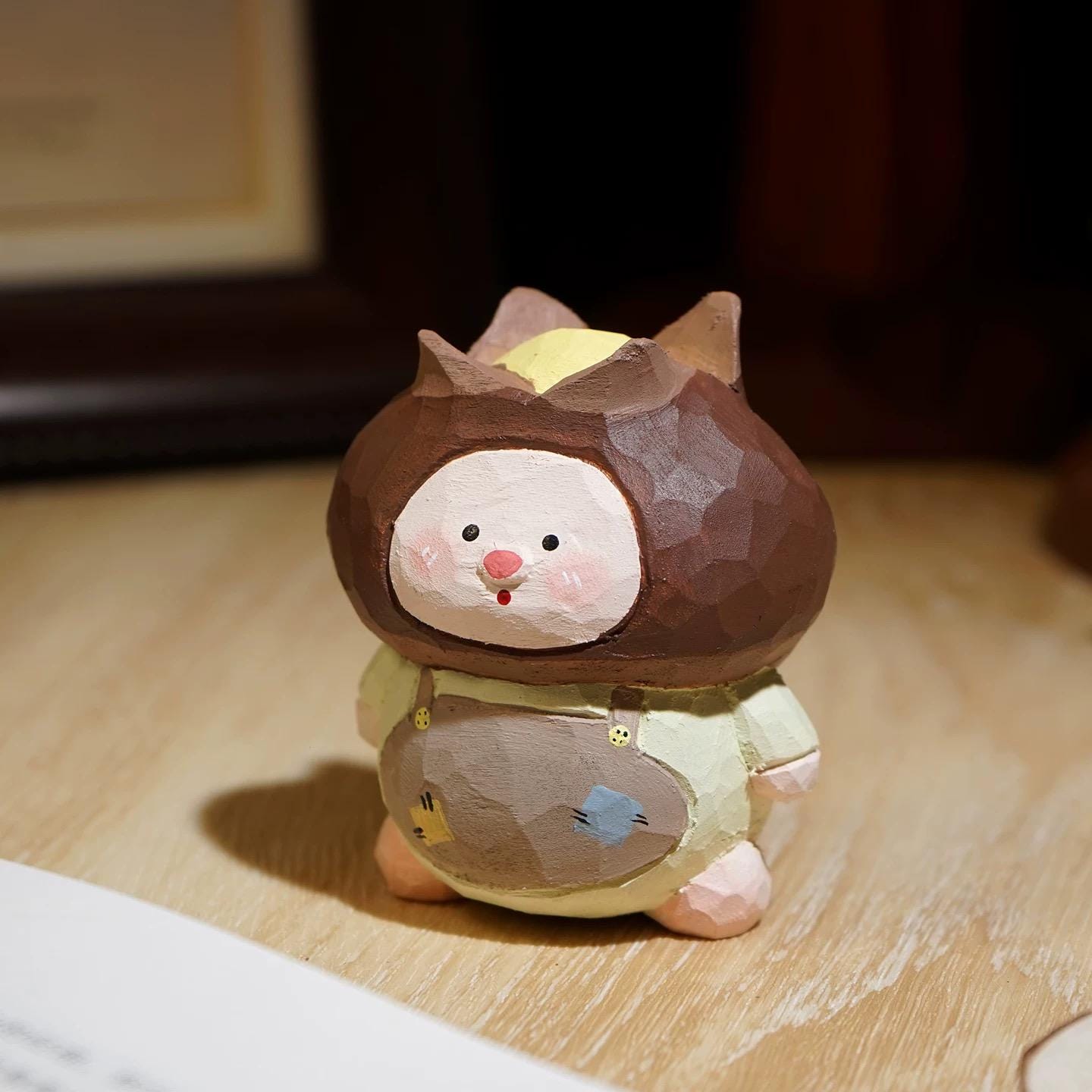 Japanese Style Sweet Chestnut Doll, Hand Carved Linden Wood Figurine, Kawaii Wooden Desk Decor, Hand Painted Mini Ornament, Cute Gift