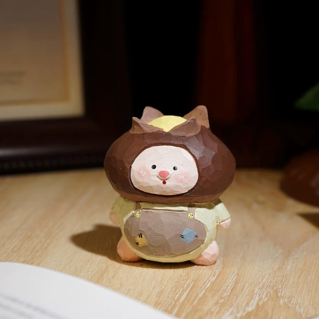 Japanese Style Sweet Chestnut Doll, Hand Carved Linden Wood Figurine, Kawaii Wooden Desk Decor, Hand Painted Mini Ornament, Cute Gift