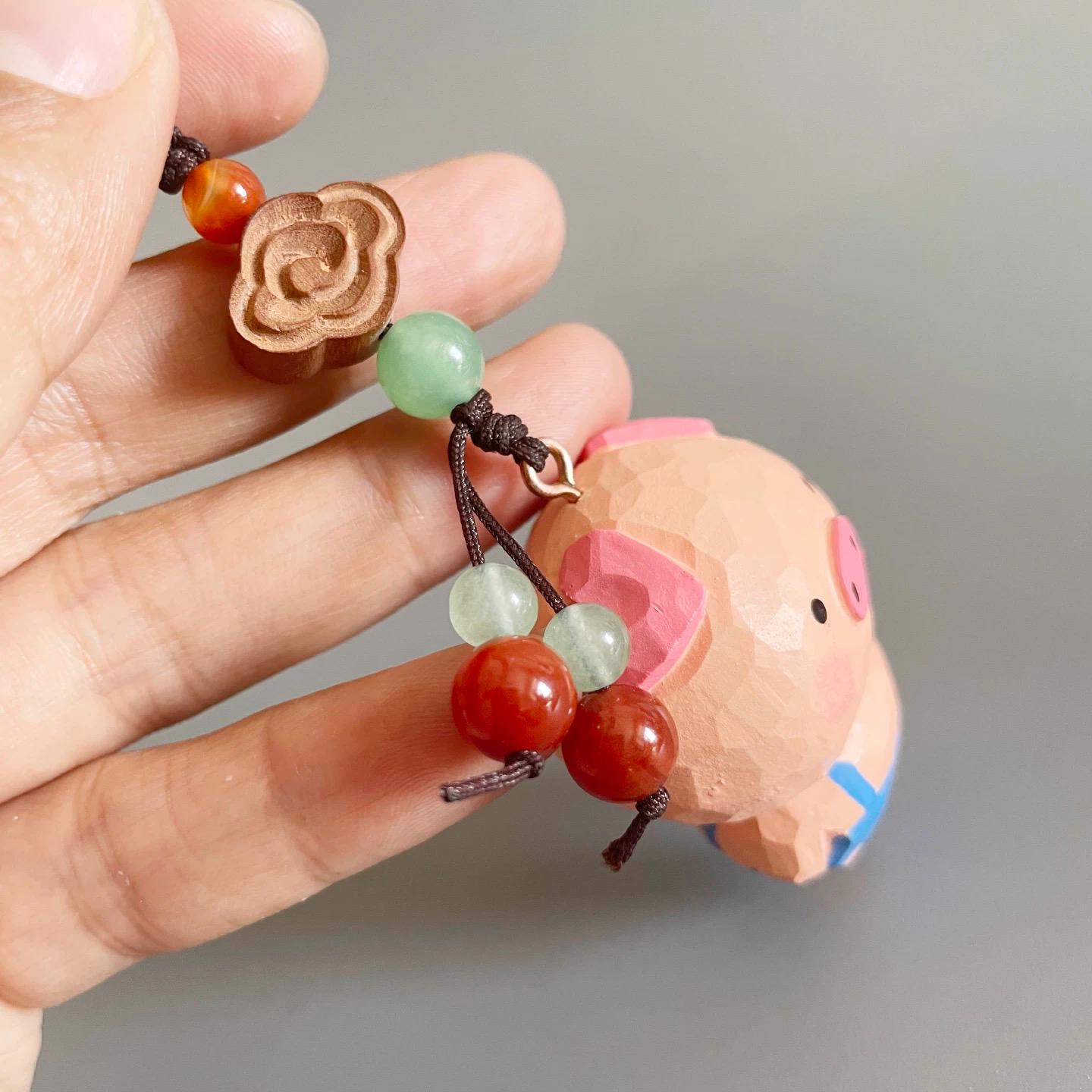 Japanese Style Hand Carved Pig Pendant, Wooden Pig Keychain, Cute Pig Bag Charm, Lucky Pig Backpack Charm, Hand Painted Animal Ornament Gift