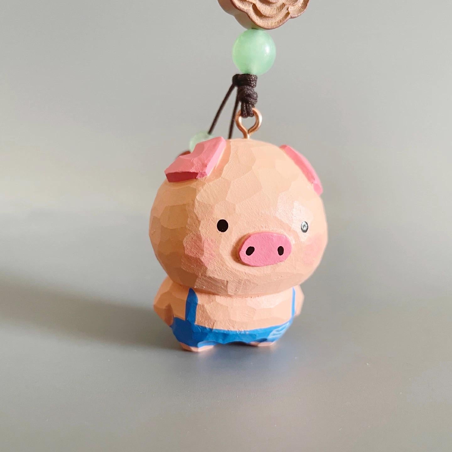 Japanese Style Hand Carved Pig Pendant, Wooden Pig Keychain, Cute Pig Bag Charm, Lucky Pig Backpack Charm, Hand Painted Animal Ornament Gift