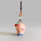 Japanese Style Hand Carved Pig Pendant, Wooden Pig Keychain, Cute Pig Bag Charm, Lucky Pig Backpack Charm, Hand Painted Animal Ornament Gift