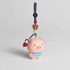 Japanese Style Hand Carved Pig Pendant, Wooden Pig Keychain, Cute Pig Bag Charm, Blue Scarf Pig Charm, Animal Backpack Pendant, Lucky Gift