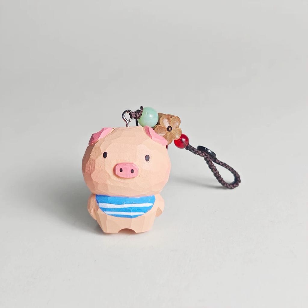 Japanese Style Hand Carved Pig Pendant, Wooden Pig Keychain, Cute Pig Bag Charm, Blue Scarf Pig Charm, Animal Backpack Pendant, Lucky Gift