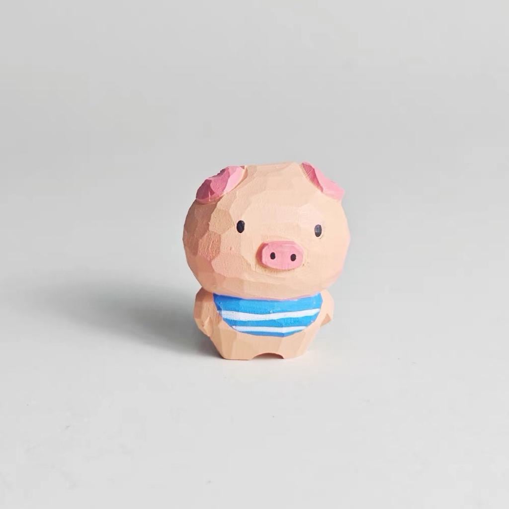 Japanese Style Hand Carved Pig Pendant, Wooden Pig Keychain, Cute Pig Bag Charm, Blue Scarf Pig Charm, Animal Backpack Pendant, Lucky Gift
