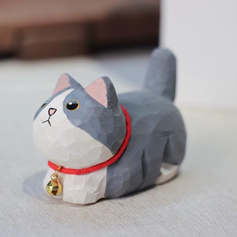 Japanese Wooden Cat Figurine, Hand Carved Cat Statue, Pet Decor, Cute Desk Ornament, Lucky Cat Gift, Linden Wood Animal Sculpture