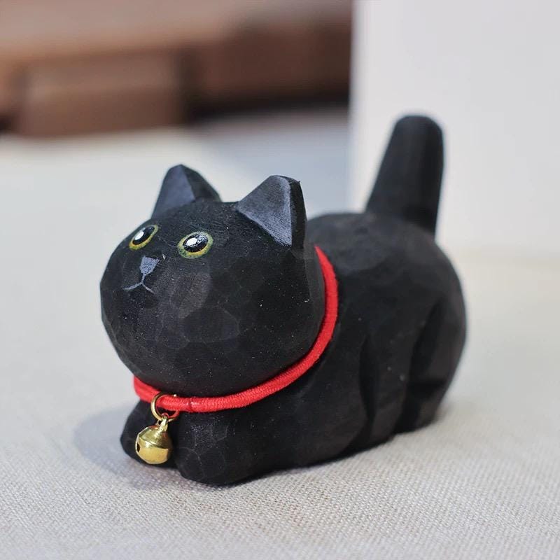 Japanese Wooden Cat Figurine, Hand Carved Cat Statue, Pet Decor, Cute Desk Ornament, Lucky Cat Gift, Linden Wood Animal Sculpture