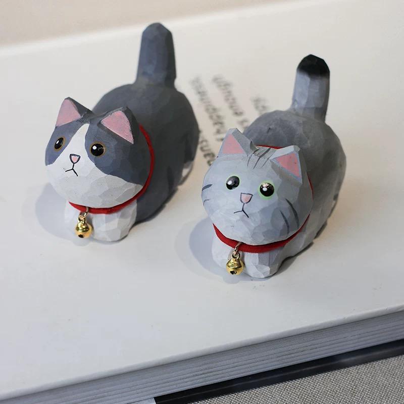 Japanese Wooden Cat Figurine, Hand Carved Cat Statue, Pet Decor, Cute Desk Ornament, Lucky Cat Gift, Linden Wood Animal Sculpture