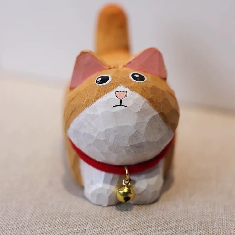 Japanese Wooden Cat Figurine, Hand Carved Cat Statue, Pet Decor, Cute Desk Ornament, Lucky Cat Gift, Linden Wood Animal Sculpture