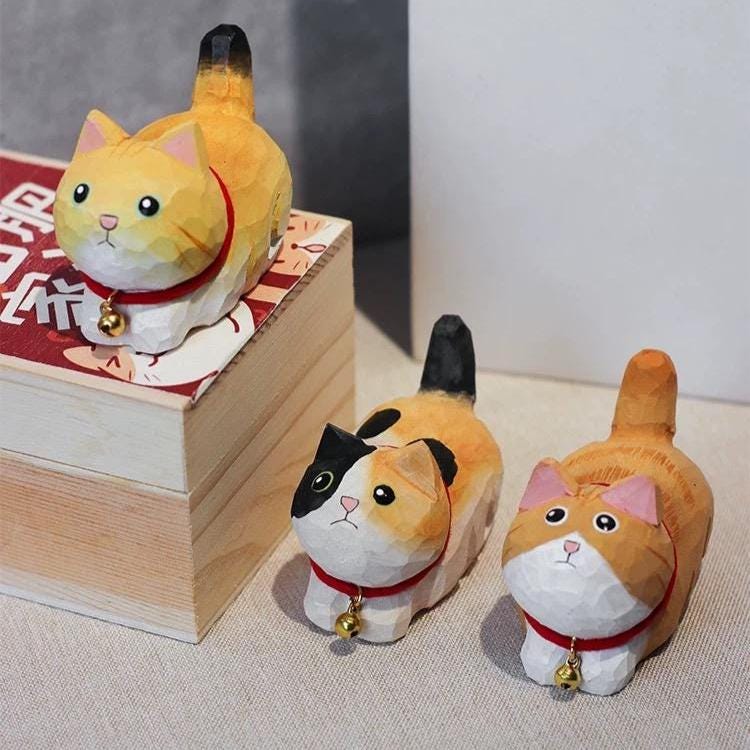 Japanese Wooden Cat Figurine, Hand Carved Cat Statue, Pet Decor, Cute Desk Ornament, Lucky Cat Gift, Linden Wood Animal Sculpture