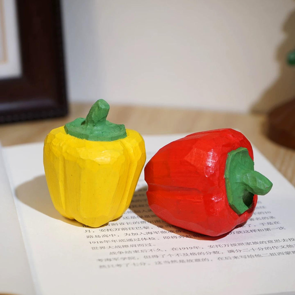 Japanese Wooden Pepper Figurine, Mini Red or Yellow Bell Pepper Decor, Hand Carved Linden Wood Vegetable Statue, Kitchen Gift