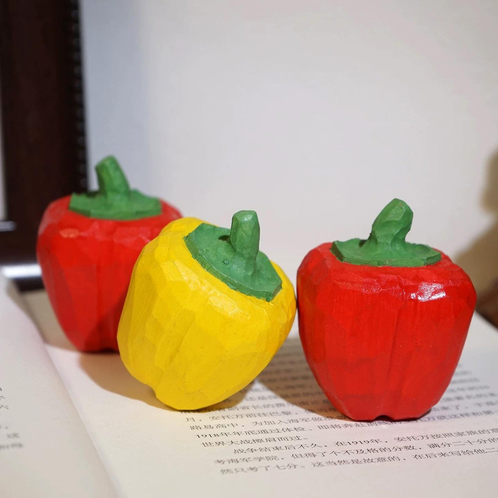 Japanese Wooden Pepper Figurine, Mini Red or Yellow Bell Pepper Decor, Hand Carved Linden Wood Vegetable Statue, Kitchen Gift