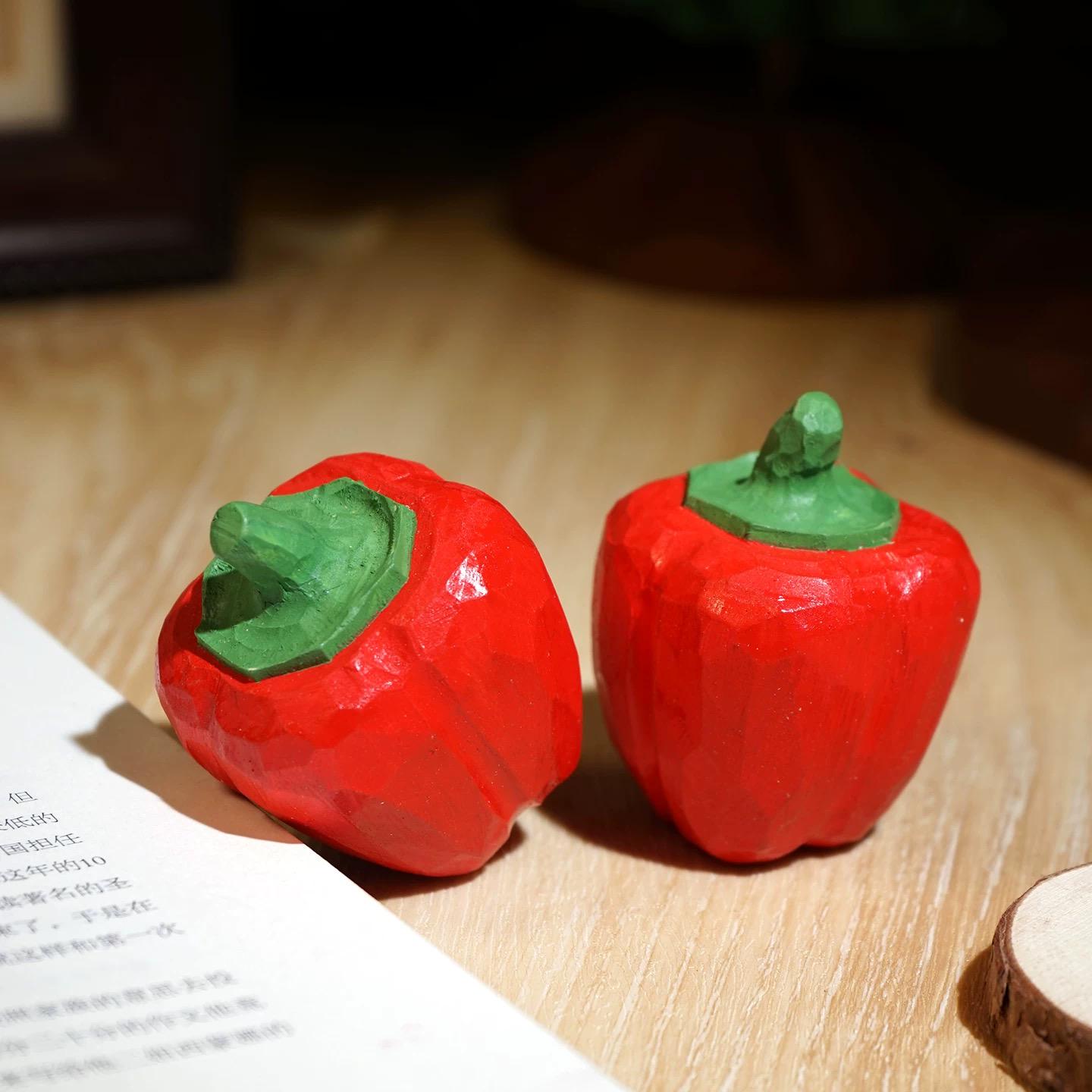 Japanese Wooden Pepper Figurine, Mini Red or Yellow Bell Pepper Decor, Hand Carved Linden Wood Vegetable Statue, Kitchen Gift
