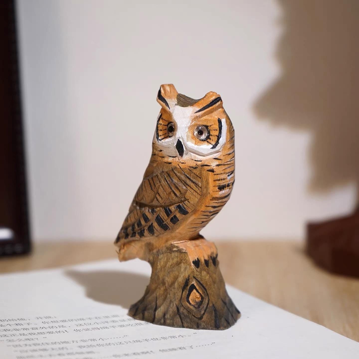 Japanese Wooden Owl Figurine, Hand Carved Linden Wood Owl Statue, Cute Desk Decor, Bookshelf Ornament, Lucky Gift, 9 cm
