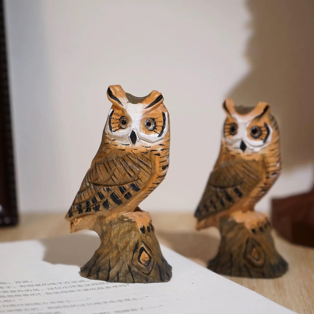 Japanese Wooden Owl Figurine, Hand Carved Linden Wood Owl Statue, Cute Desk Decor, Bookshelf Ornament, Lucky Gift, 9 cm