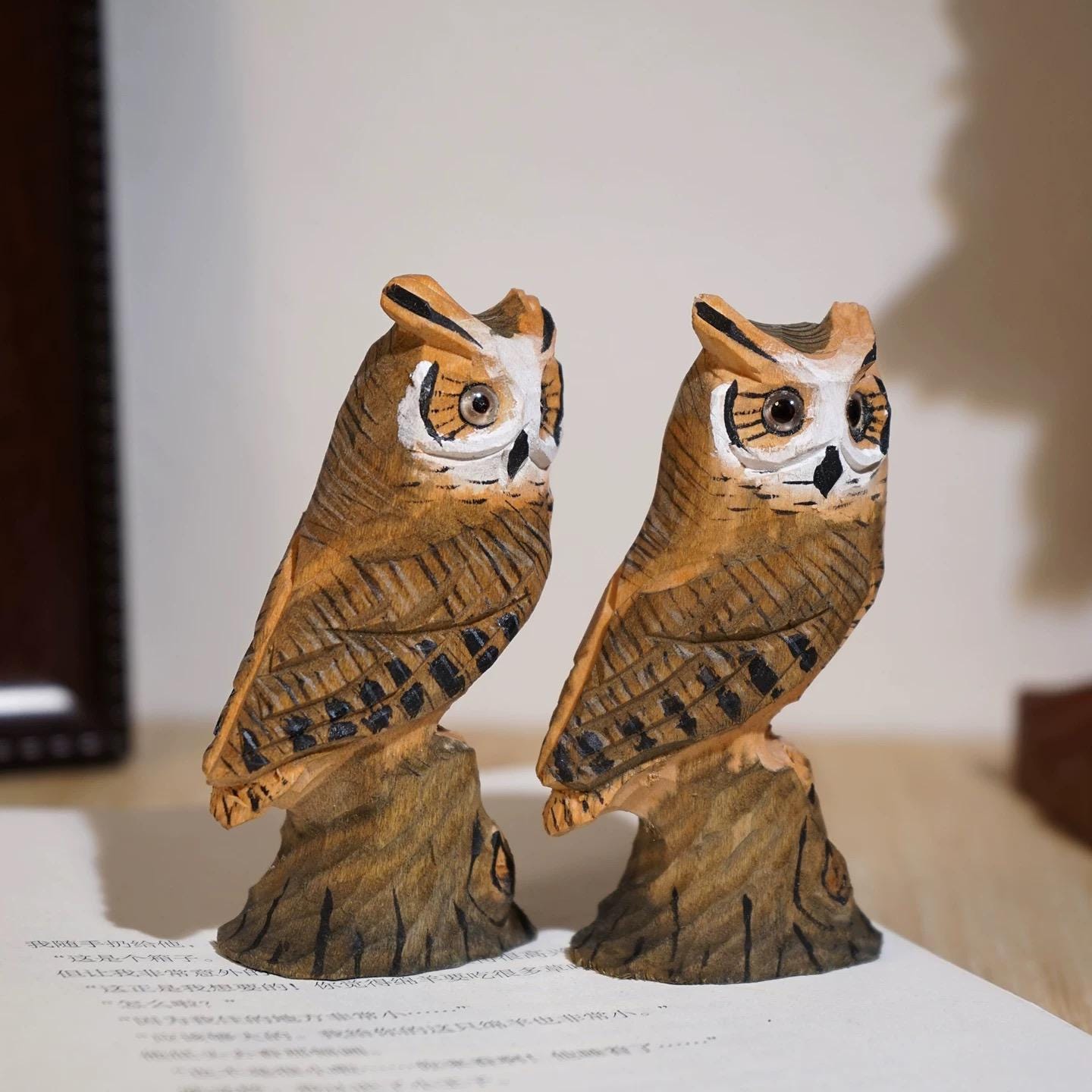 Japanese Wooden Owl Figurine, Hand Carved Linden Wood Owl Statue, Cute Desk Decor, Bookshelf Ornament, Lucky Gift, 9 cm