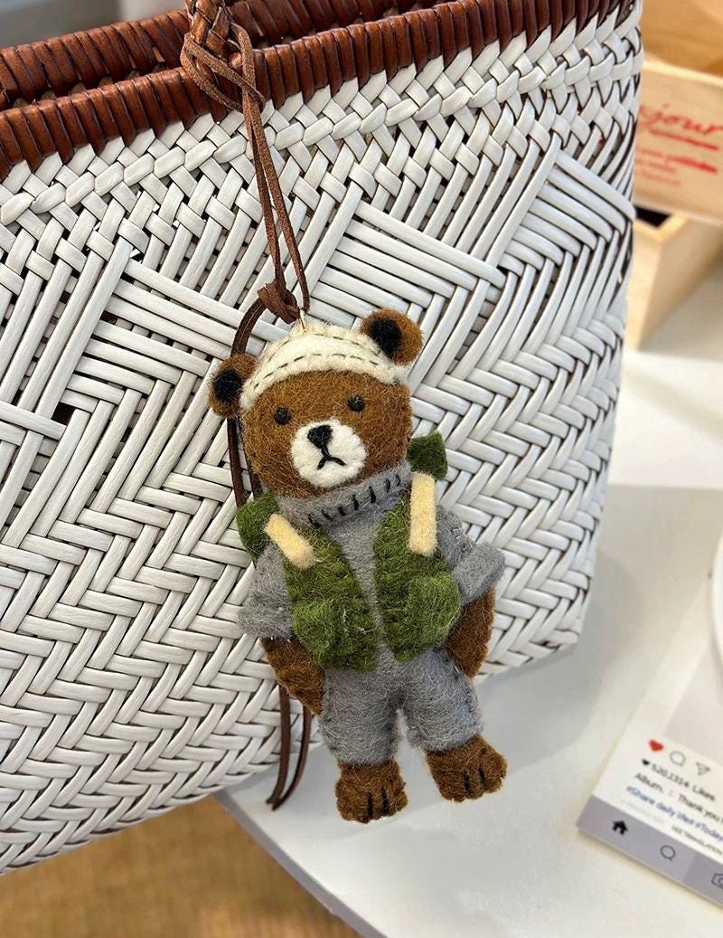 Japanese Style Felt Bear Pendant, Handmade Wool Bear Bag Charm, Cute Backpack Keychain, Animal Hanging Ornament Gift