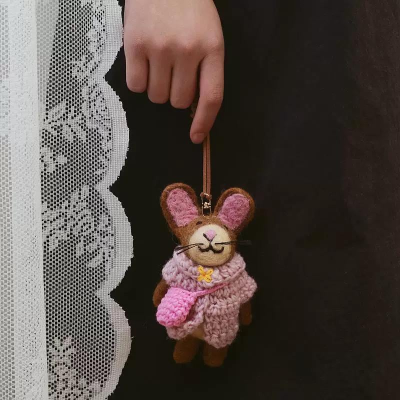 Handmade Wool Felt Bunny Bag Charm, Brown Rabbit Keychain Pendant, Pink Sweater Bunny Hanging Ornament, Cute Gift for Her