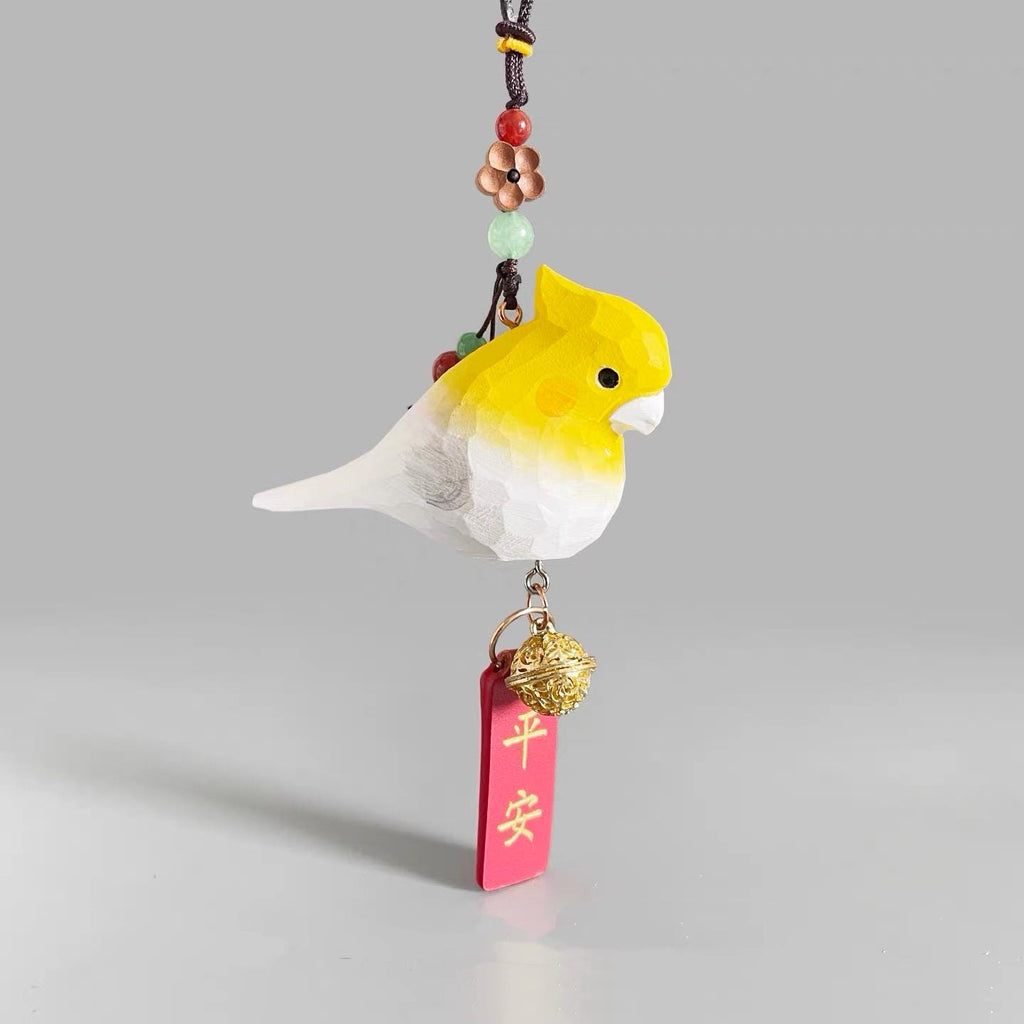 Japanese Style Yellow White Cockatiel Car Hanging Pendant, Hand Carved Linden Wood Bird Ornament, Rearview Mirror Charm, Animal Pendant
