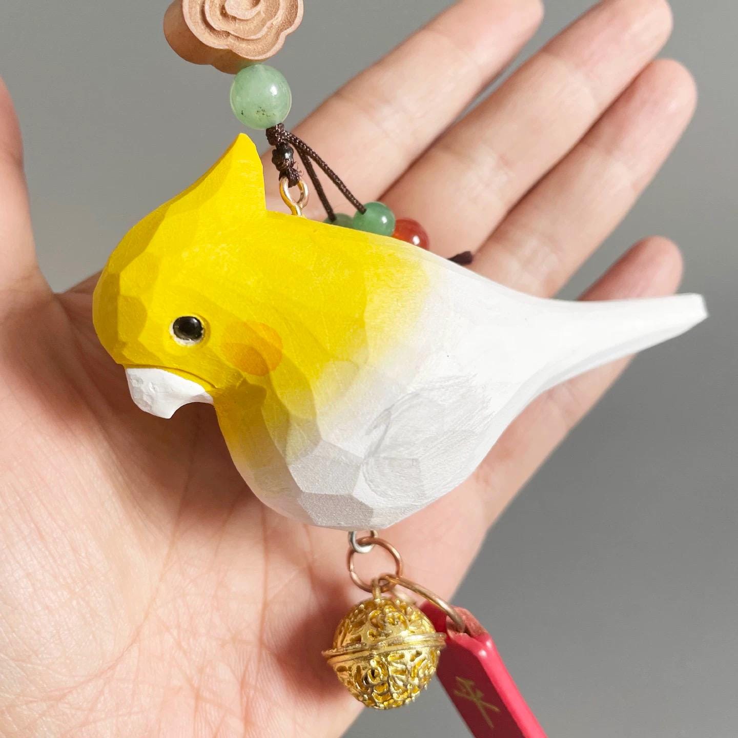Japanese Style Yellow White Cockatiel Car Hanging Pendant, Hand Carved Linden Wood Bird Ornament, Rearview Mirror Charm, Animal Pendant