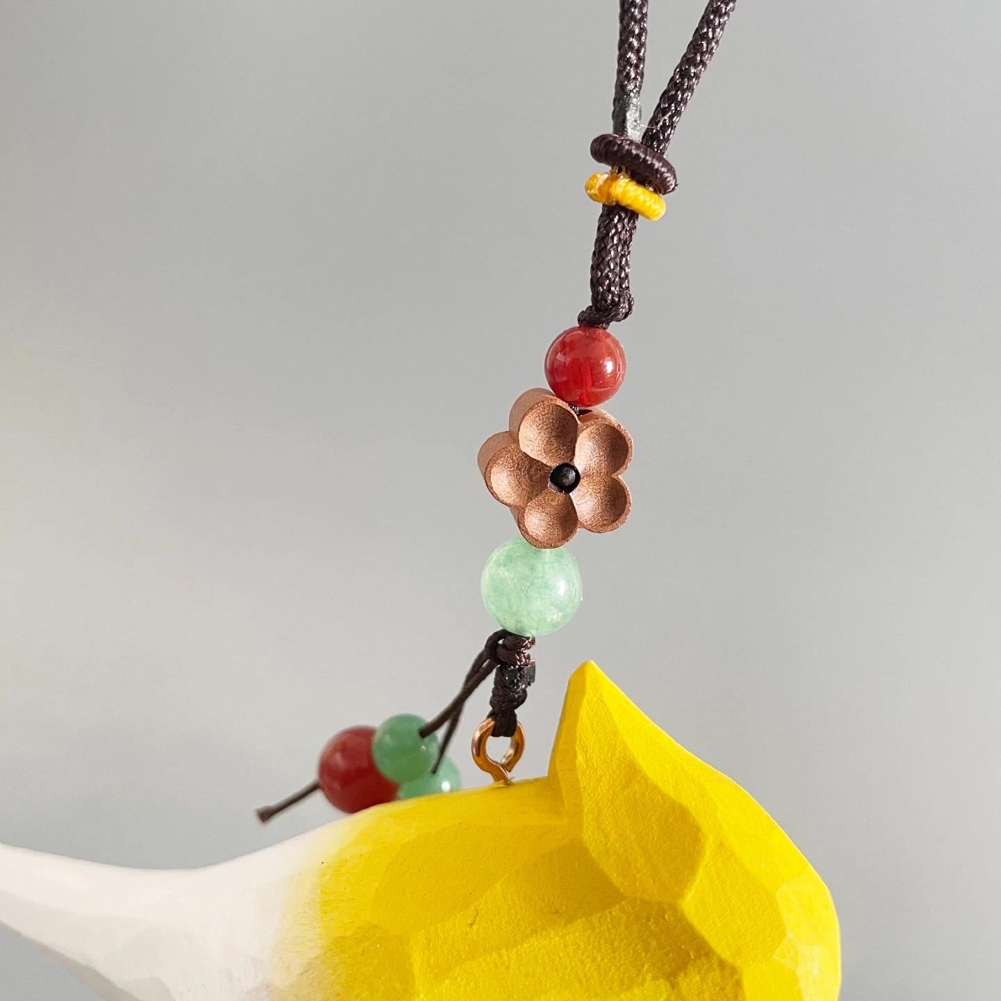 Japanese Style Yellow White Cockatiel Car Hanging Pendant, Hand Carved Linden Wood Bird Ornament, Rearview Mirror Charm, Animal Pendant