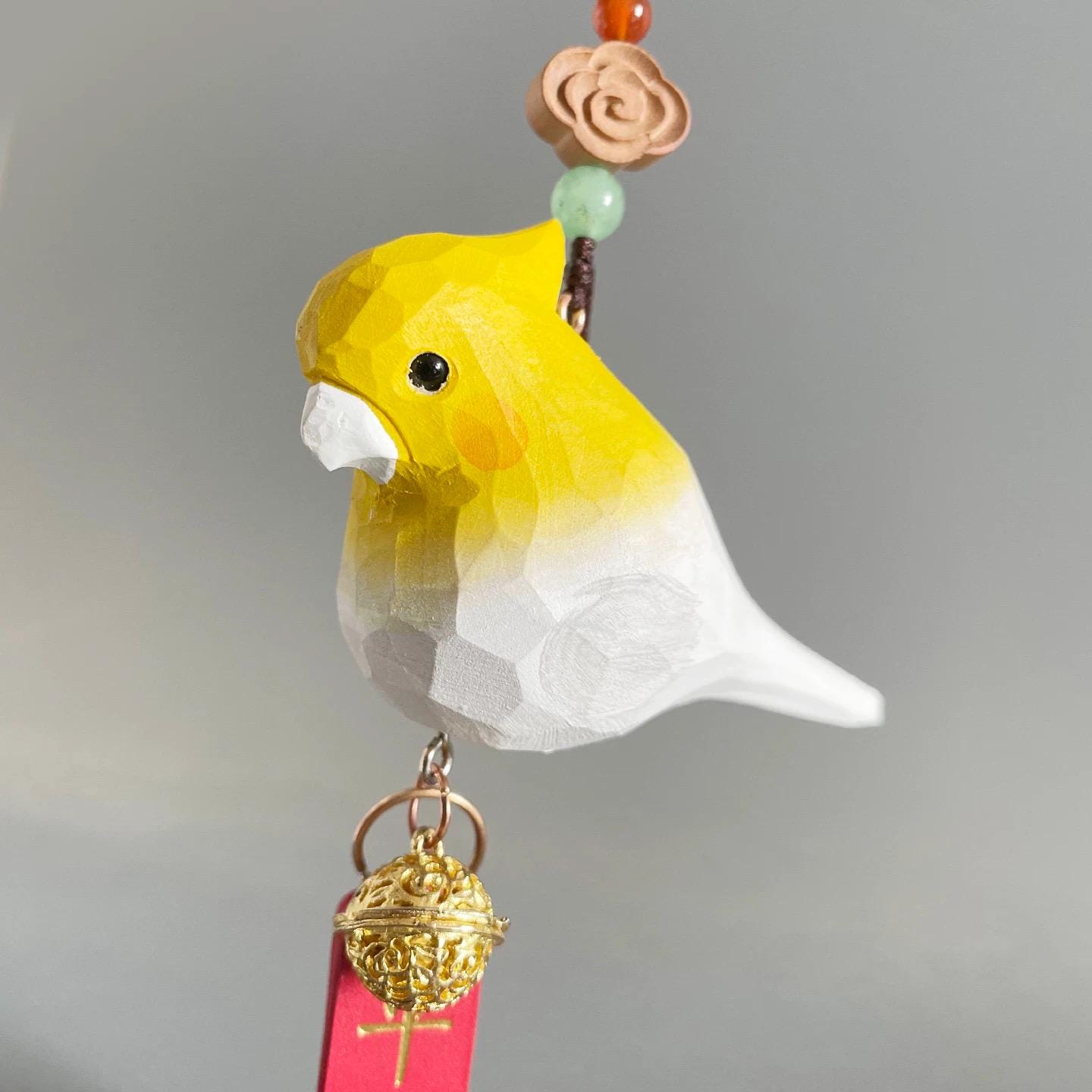 Japanese Style Yellow White Cockatiel Car Hanging Pendant, Hand Carved Linden Wood Bird Ornament, Rearview Mirror Charm, Animal Pendant