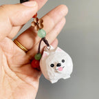 Japanese Style Pomeranian Dog Pendant, Hand Carved Wooden Keychain, Lucky Puppy Bag Charm, Cute Pet Ornament, Small Dog Gift