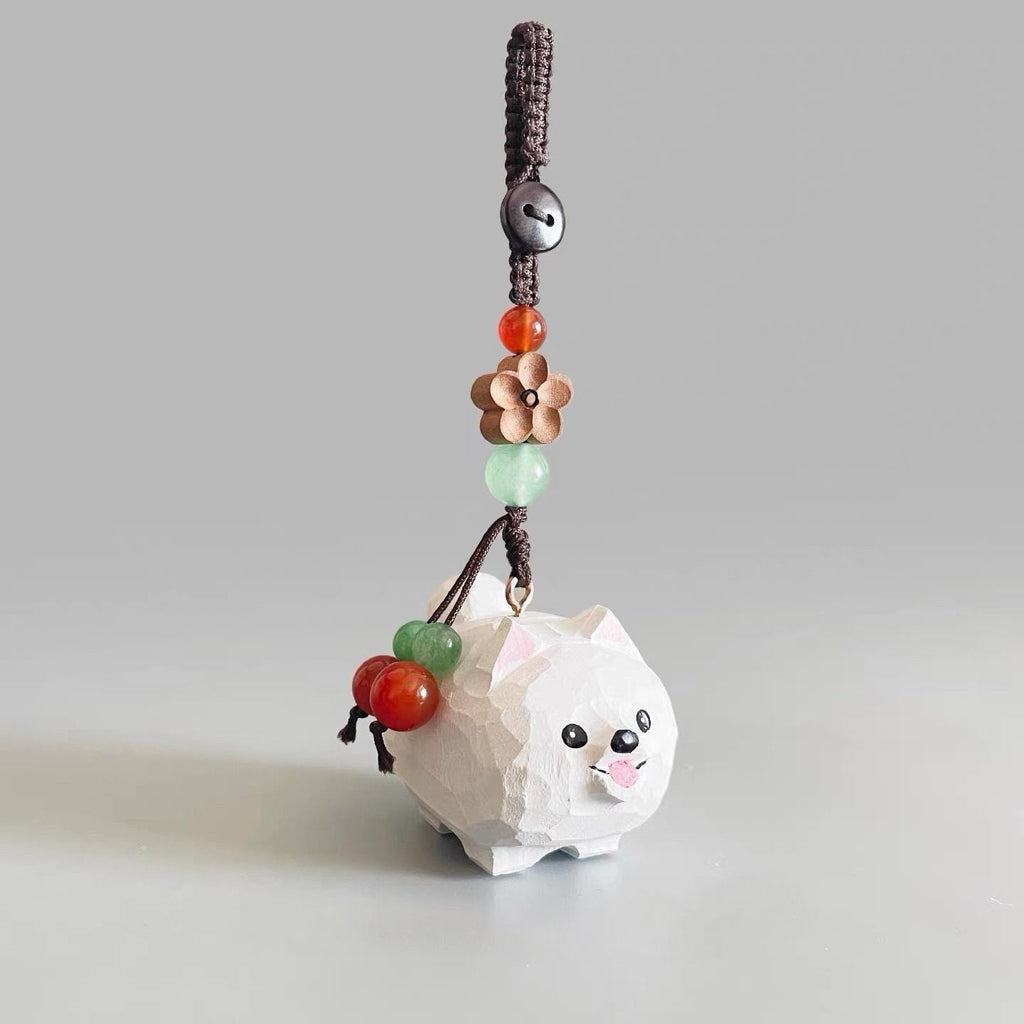 Japanese Style Pomeranian Dog Pendant, Hand Carved Wooden Keychain, Lucky Puppy Bag Charm, Cute Pet Ornament, Small Dog Gift