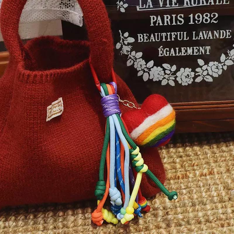 Rainbow Heart Tassel Bag Charm, Colorful Bag Pendant, Handmade Heart Keychain, Cute Purse Charm, Backpack Accessory, Gift for Her