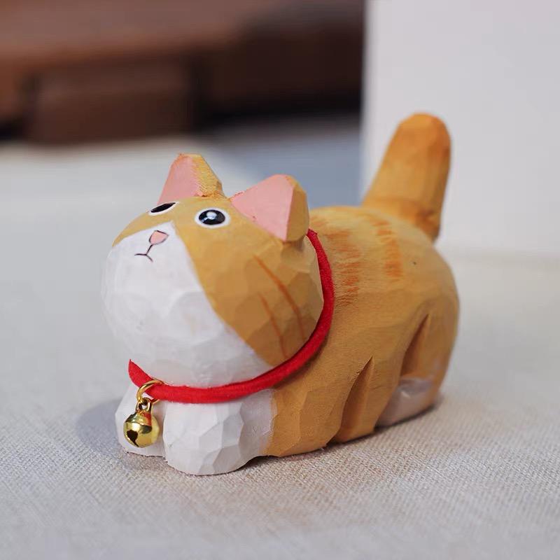 Japanese Wooden Cat Figurine, Hand Carved Cat Statue, Pet Decor, Cute Desk Ornament, Lucky Cat Gift, Linden Wood Animal Sculpture