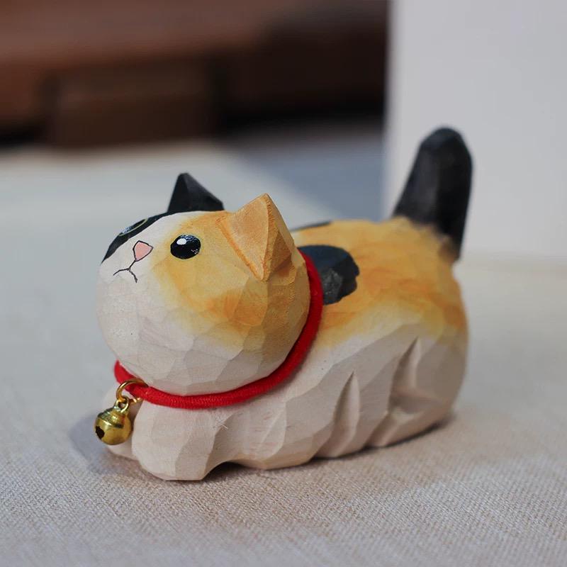 Japanese Wooden Cat Figurine, Hand Carved Cat Statue, Pet Decor, Cute Desk Ornament, Lucky Cat Gift, Linden Wood Animal Sculpture