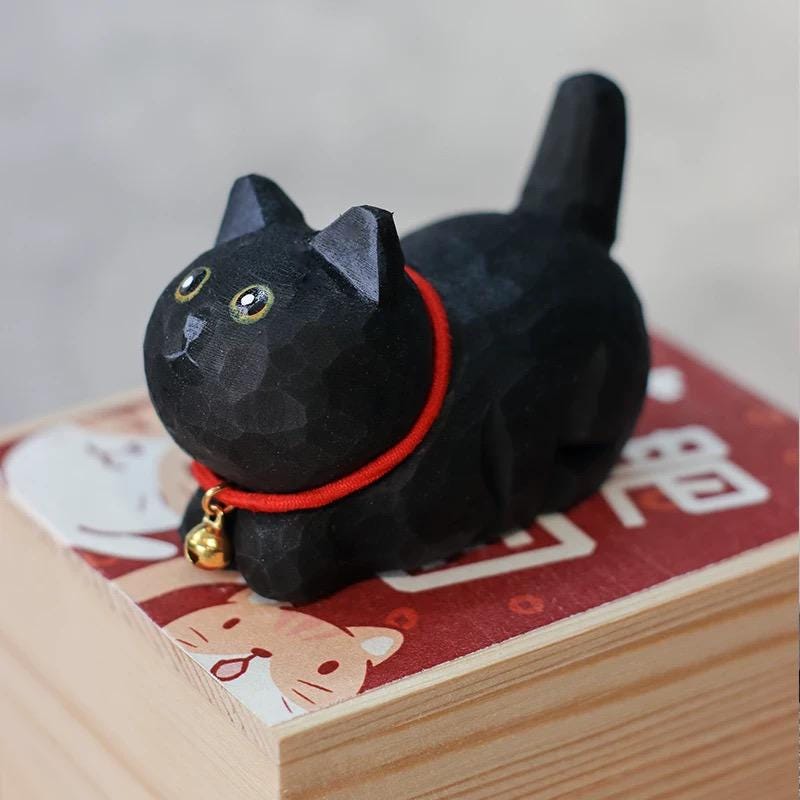 Japanese Wooden Cat Figurine, Hand Carved Cat Statue, Pet Decor, Cute Desk Ornament, Lucky Cat Gift, Linden Wood Animal Sculpture