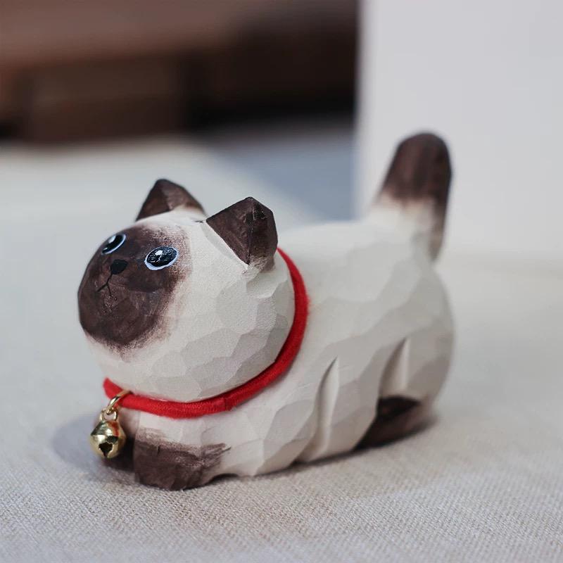 Japanese Wooden Cat Figurine, Hand Carved Cat Statue, Pet Decor, Cute Desk Ornament, Lucky Cat Gift, Linden Wood Animal Sculpture