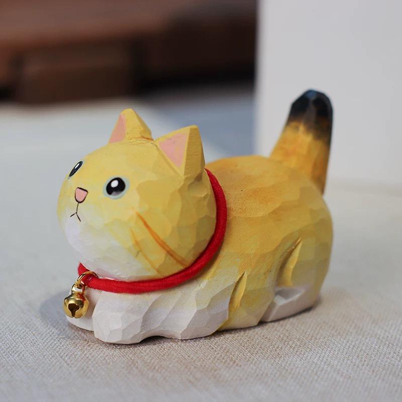 Japanese Wooden Cat Figurine, Hand Carved Cat Statue, Pet Decor, Cute Desk Ornament, Lucky Cat Gift, Linden Wood Animal Sculpture
