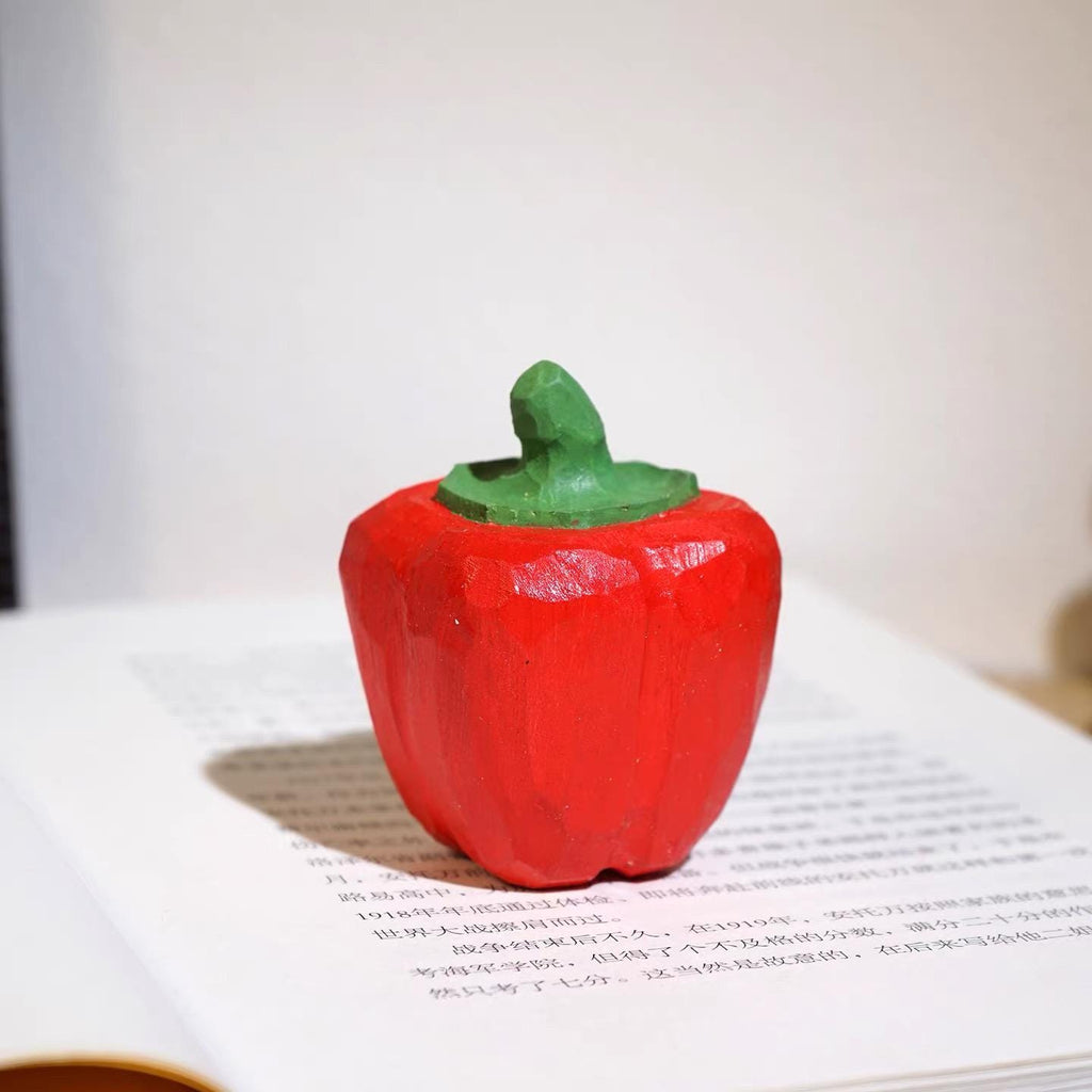 Japanese Wooden Pepper Figurine, Mini Red or Yellow Bell Pepper Decor, Hand Carved Linden Wood Vegetable Statue, Kitchen Gift