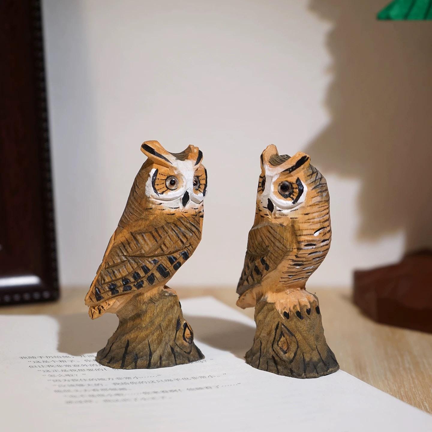 Japanese Wooden Owl Figurine, Hand Carved Linden Wood Owl Statue, Cute Desk Decor, Bookshelf Ornament, Lucky Gift, 9 cm