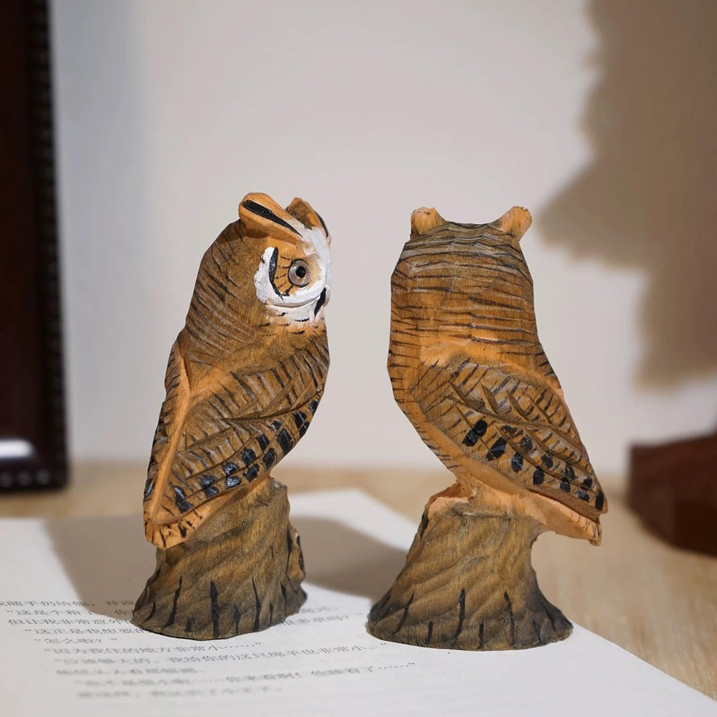 Japanese Wooden Owl Figurine, Hand Carved Linden Wood Owl Statue, Cute Desk Decor, Bookshelf Ornament, Lucky Gift, 9 cm