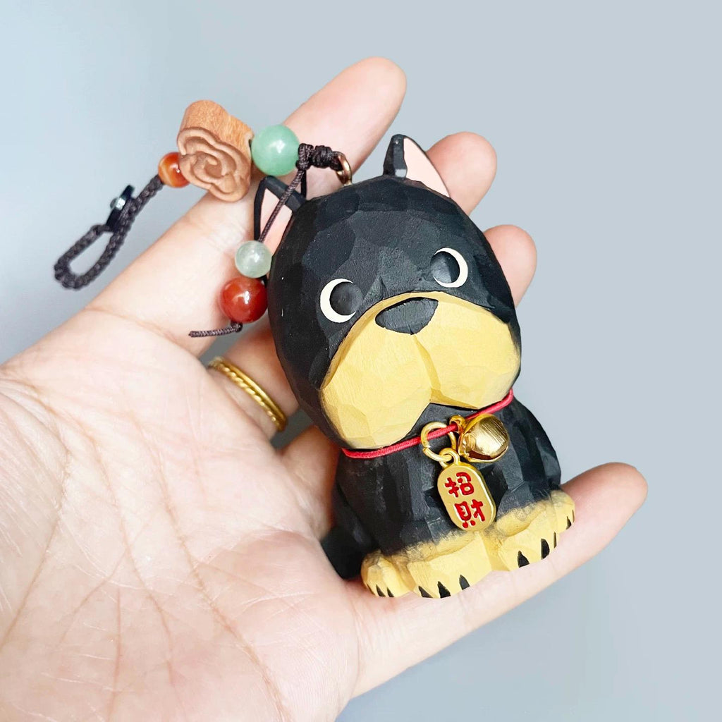 Hand Carved Wooden Doberman Keychain, Cute Dog Bag Charm, Lucky Puppy Pendant, Backpack Charm, Car Mirror Ornament Gift