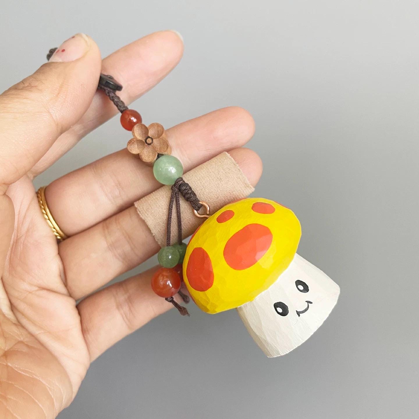 Hand Carved Wooden Mushroom Keychain, Cute Yellow Mushroom Bag Charm, Kawaii Woodland Pendant, Backpack Charm, Gift for Her