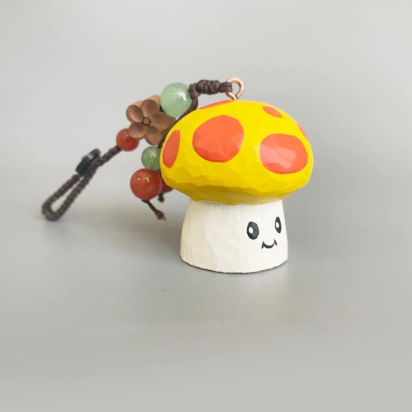 Hand Carved Wooden Mushroom Keychain, Cute Yellow Mushroom Bag Charm, Kawaii Woodland Pendant, Backpack Charm, Gift for Her