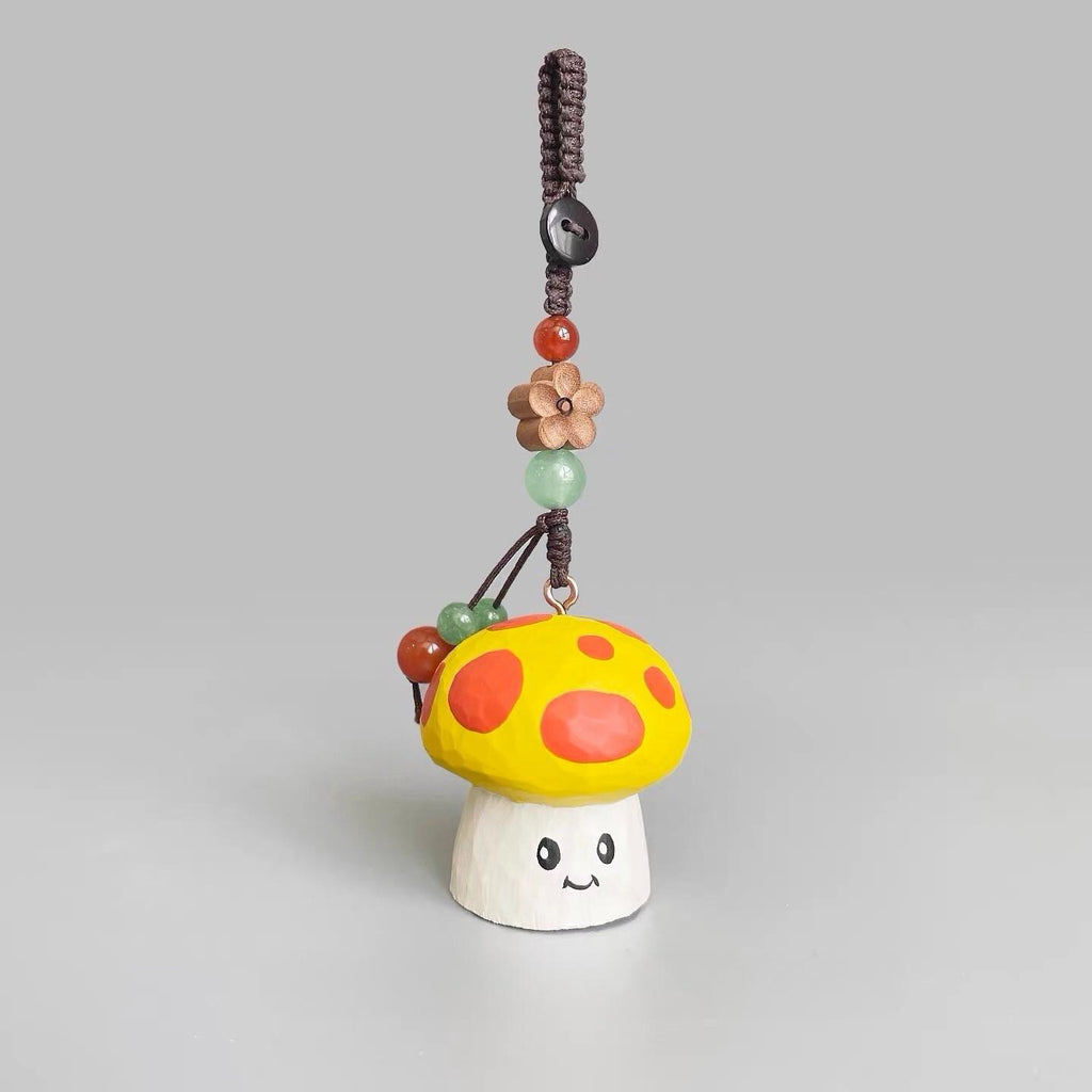 Hand Carved Wooden Mushroom Keychain, Cute Yellow Mushroom Bag Charm, Kawaii Woodland Pendant, Backpack Charm, Gift for Her